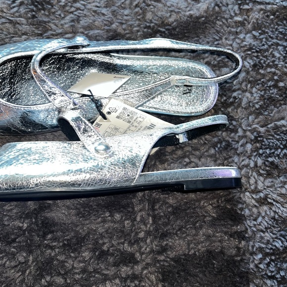 NWT Zara Silver Metallic Effect Slingback Ballet Flats Mules Slides Women 38 7.5 - Picture 12 of 14